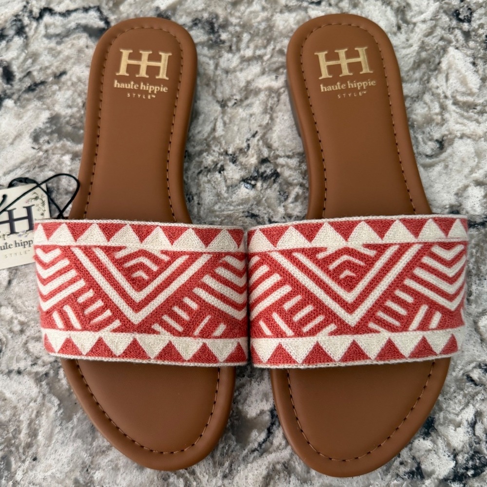 NEW Haute Hippie Slides Sandals Red White Geometric Print Boho Beachy 7 1/2 NWT